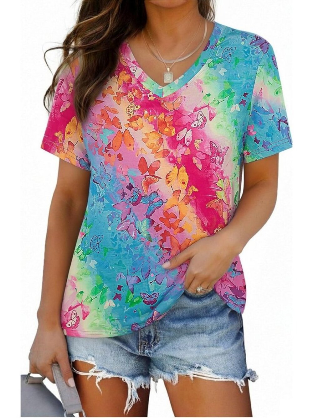 Summer Tie Dye Butterfly V-Neck T-Shirt | Colorful Gradient Short Sleeve Tee